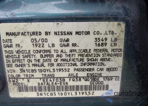 2000 Nissan Sentra Gxe/Xe from USA, damaged, VIN 3N1CB51D0YL319552